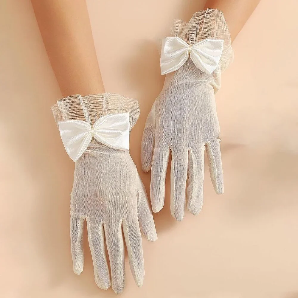 Womens White Ivory Lace Mesh Pearl Bracelet Set Vintage Bowknot Polka Dot Gloves